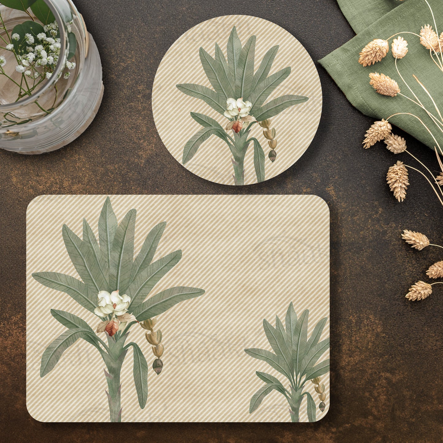 The Tropical Palms Coordinated Set — botanical design coordinated dining set by Shaakh, handcrafted in India