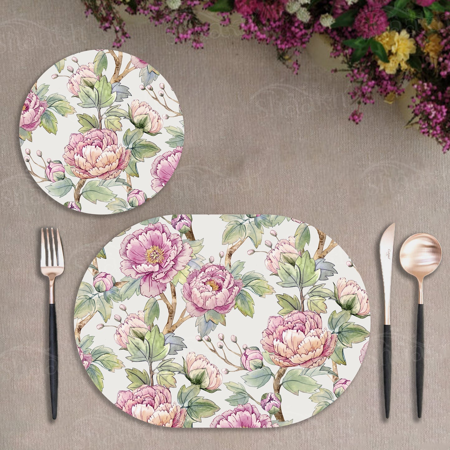 Oriental Peonies Coordinated Set | TWC 060 (8 Mats, 4 Trivets)