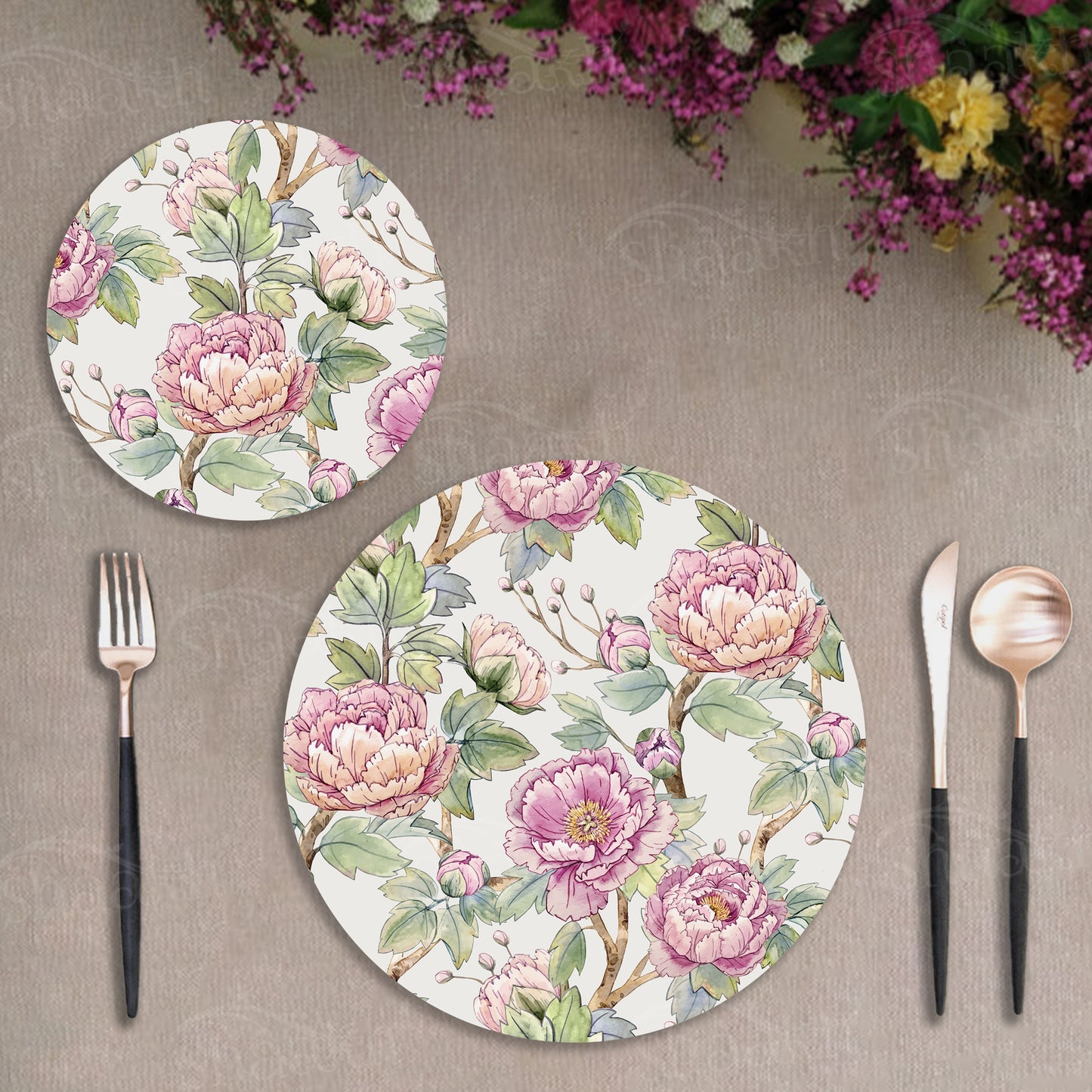 Oriental Peonies Coordinated Set | TWC 060 (8 Mats, 4 Trivets)
