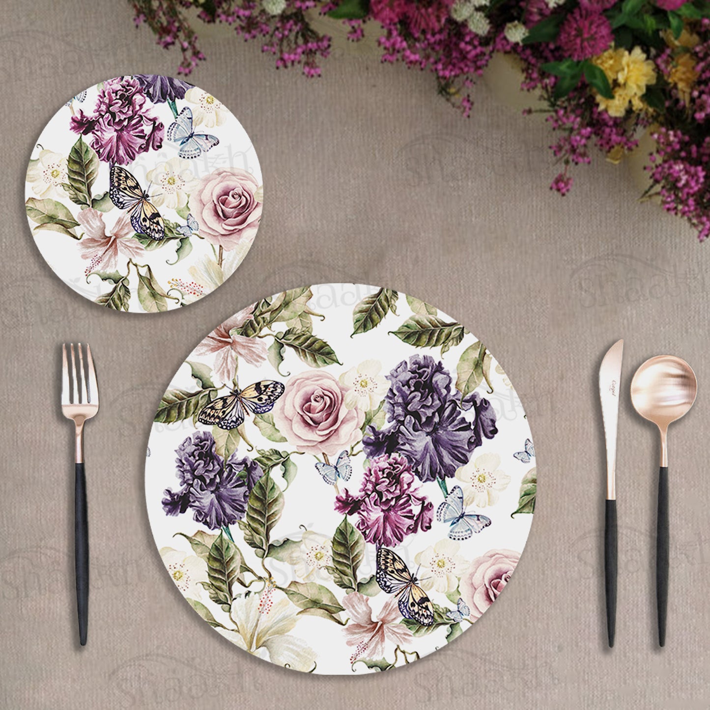 Iris and Hibiscus Flowers Coordinated Set | TWC 074 (8 Mats, 4 Trivets)