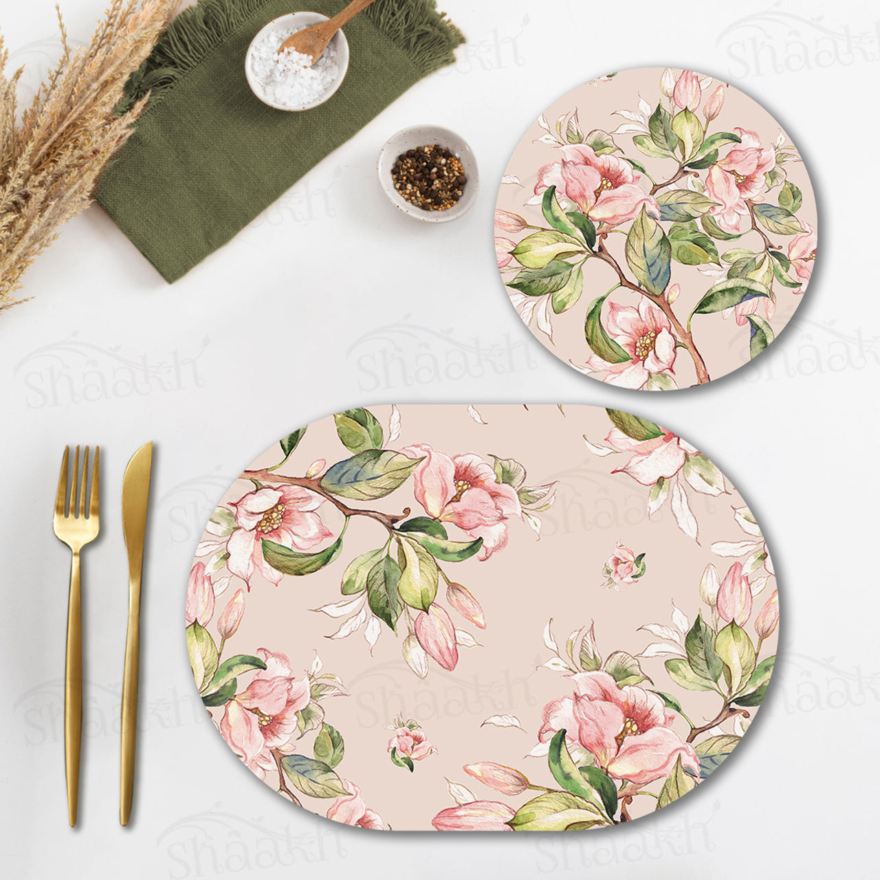 Branches Laden with Spring Flowers Coordinated Set | TWC 075 (8 Mats, 4 Trivets)