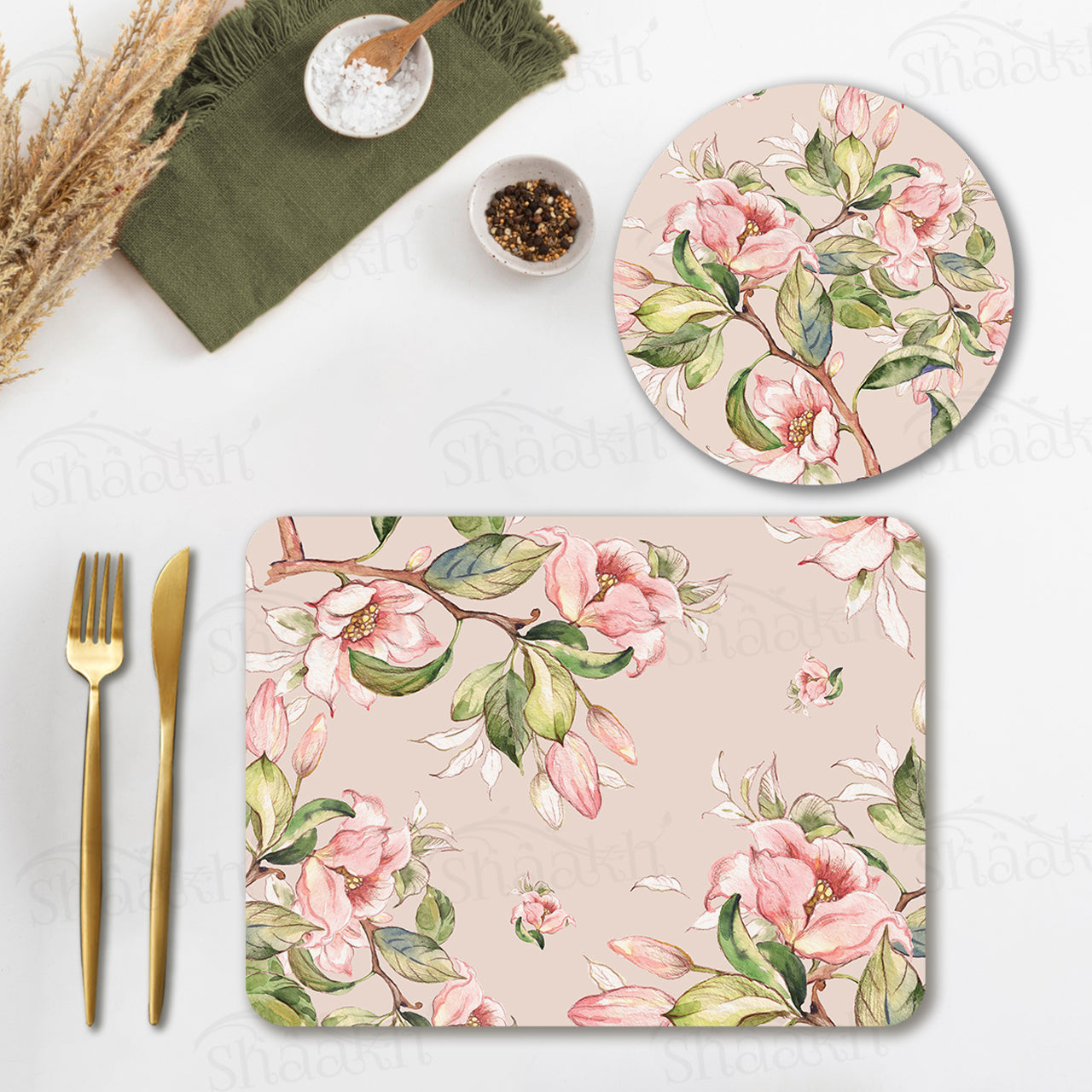 Branches Laden with Spring Flowers Coordinated Set | TWC 075 (8 Mats, 4 Trivets)