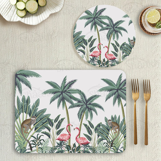 Vintage Palm Tree and Flamingo Coordinated Set | TWC 077 (8 Mats, 4 Trivets)