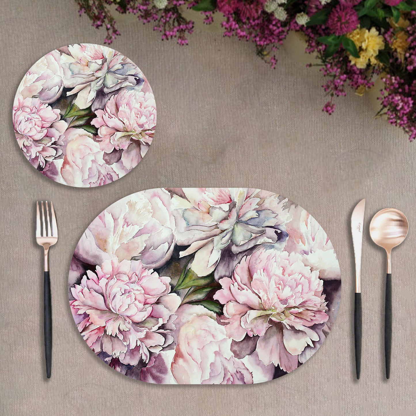 Watercolor Peonies Coordinated Set | TWC 091 ( 8 Mats, 4 Trivets )