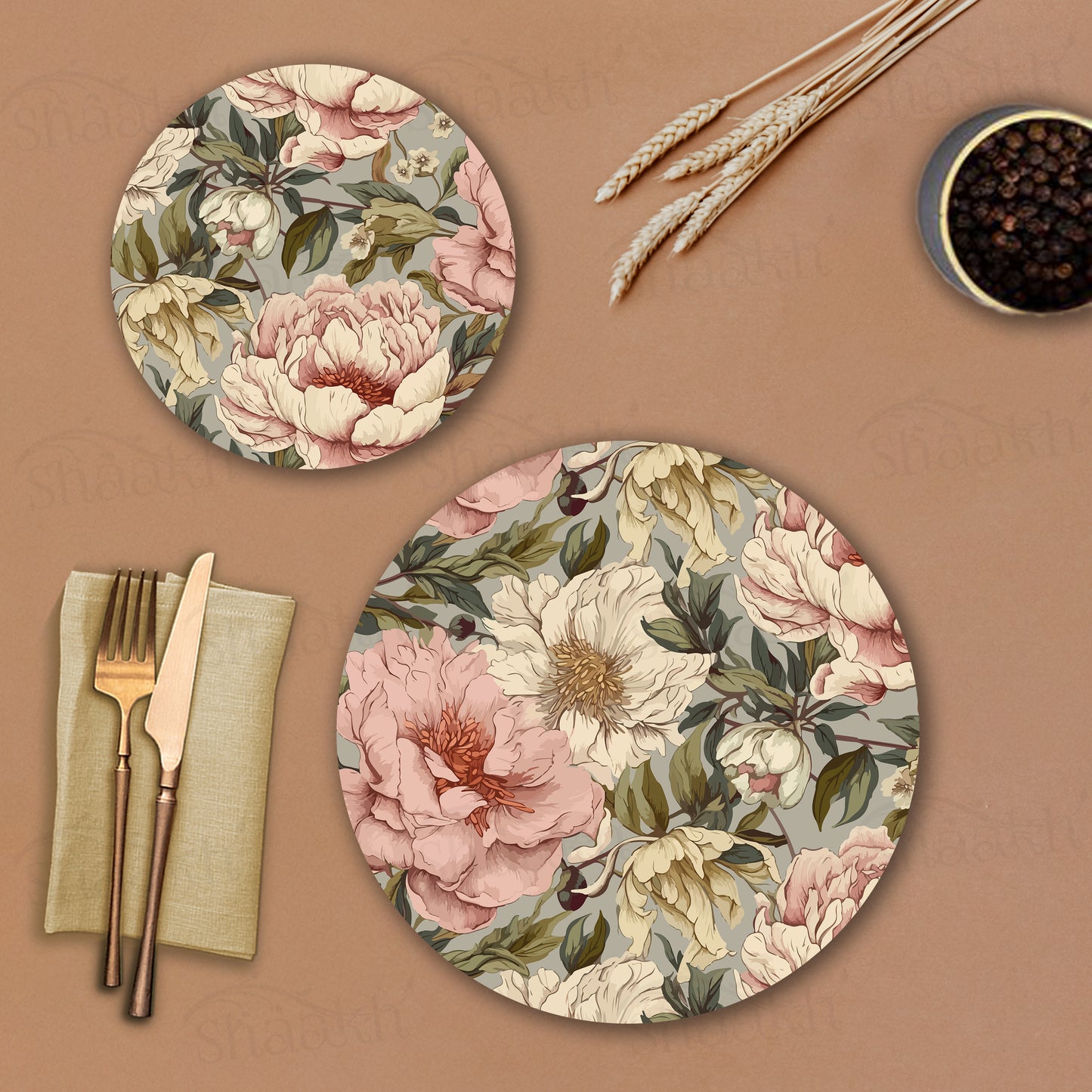 Peonies Elegance Coordinated Set | TWC 094 ( 8 Mats, 4 Trivets )
