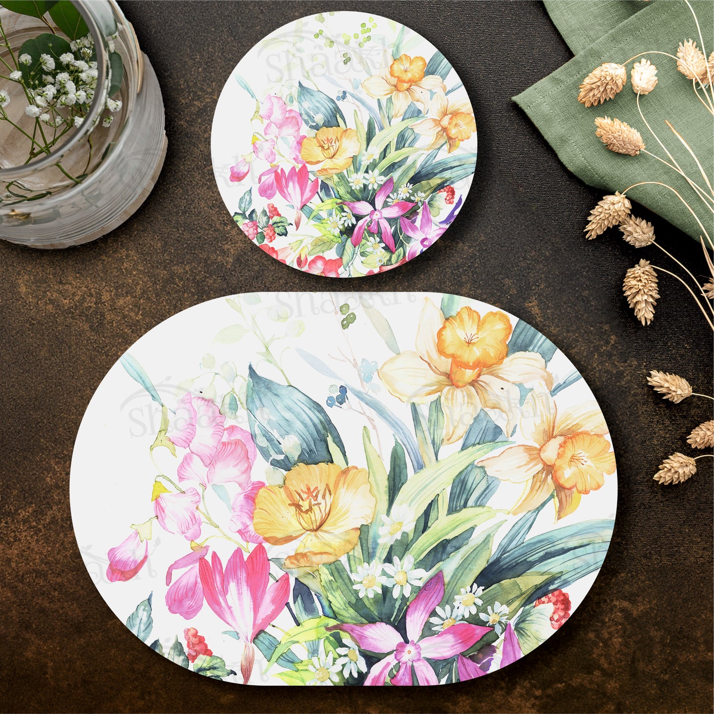 Floral Melody Coordinated Set — botanical design coordinated dining set by Shaakh, handcrafted in India
