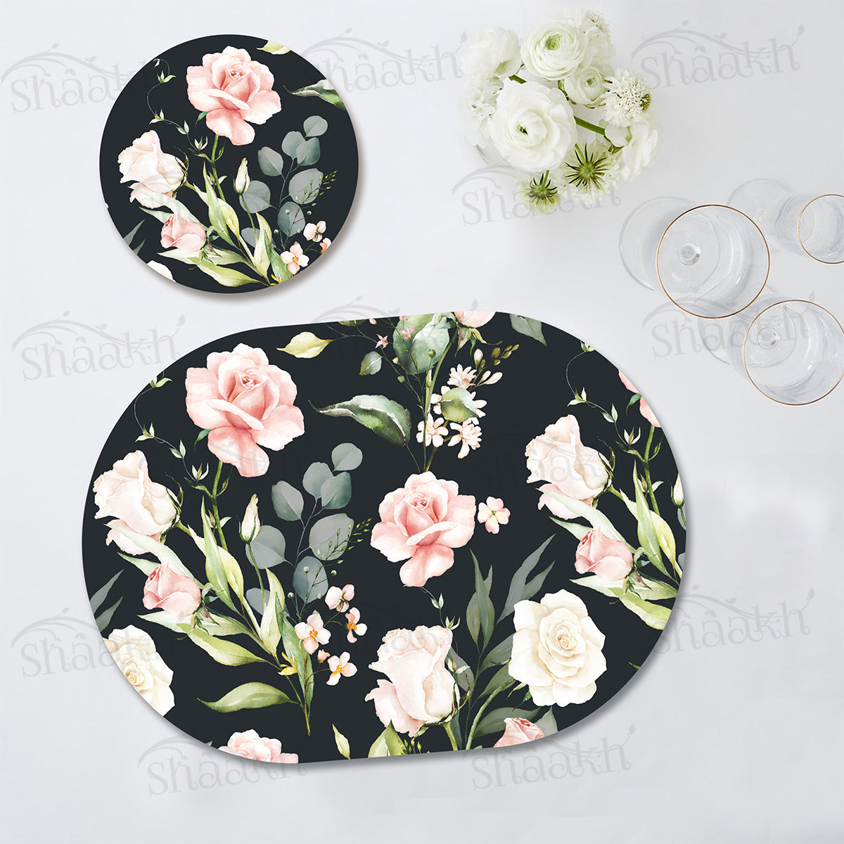 Watercolor Floral Coordinated Set | TWC 092 (8 Mats, 4 Trivets)