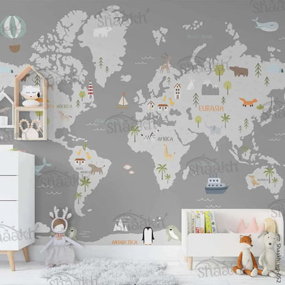 Kids World Map Wallpaper (Grey Background) | WP 052