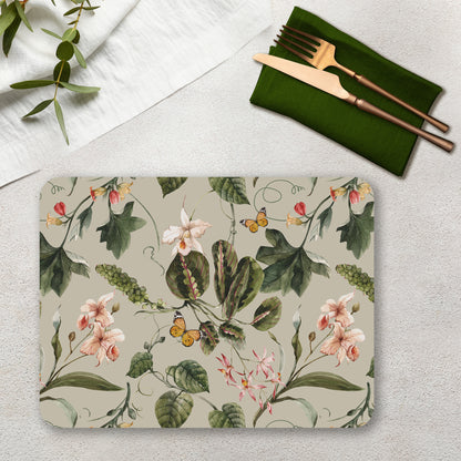 Exotic Tropical Orchids (Green) Table Mat — botanical design table mat set by Shaakh, handcrafted in India