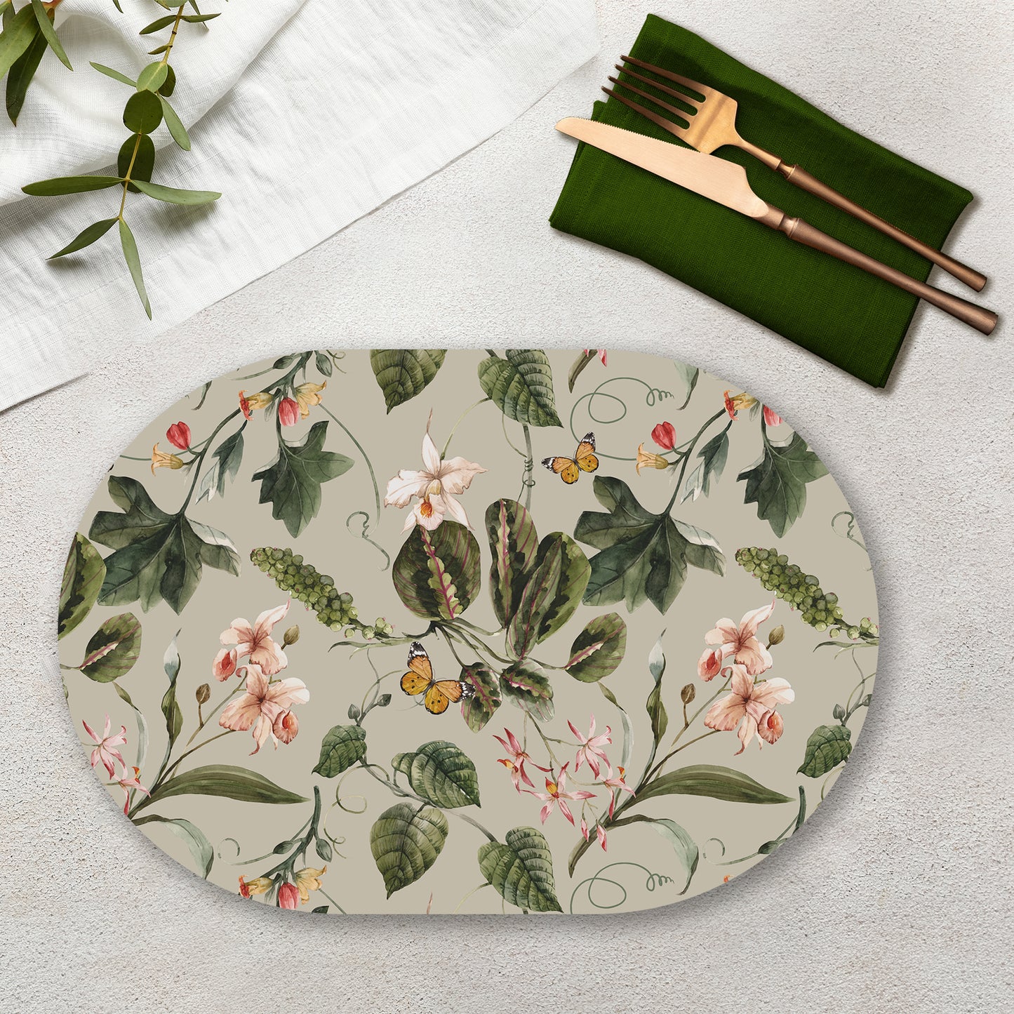 Exotic Tropical Orchids (Green) Table Mat — botanical design table mat set by Shaakh, handcrafted in India