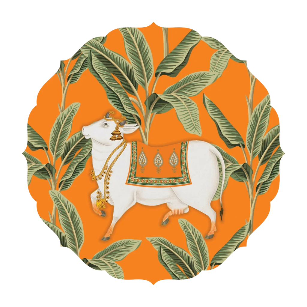 Kamadhenu cow and palm trees Wall Plates - Orange | RWA 034