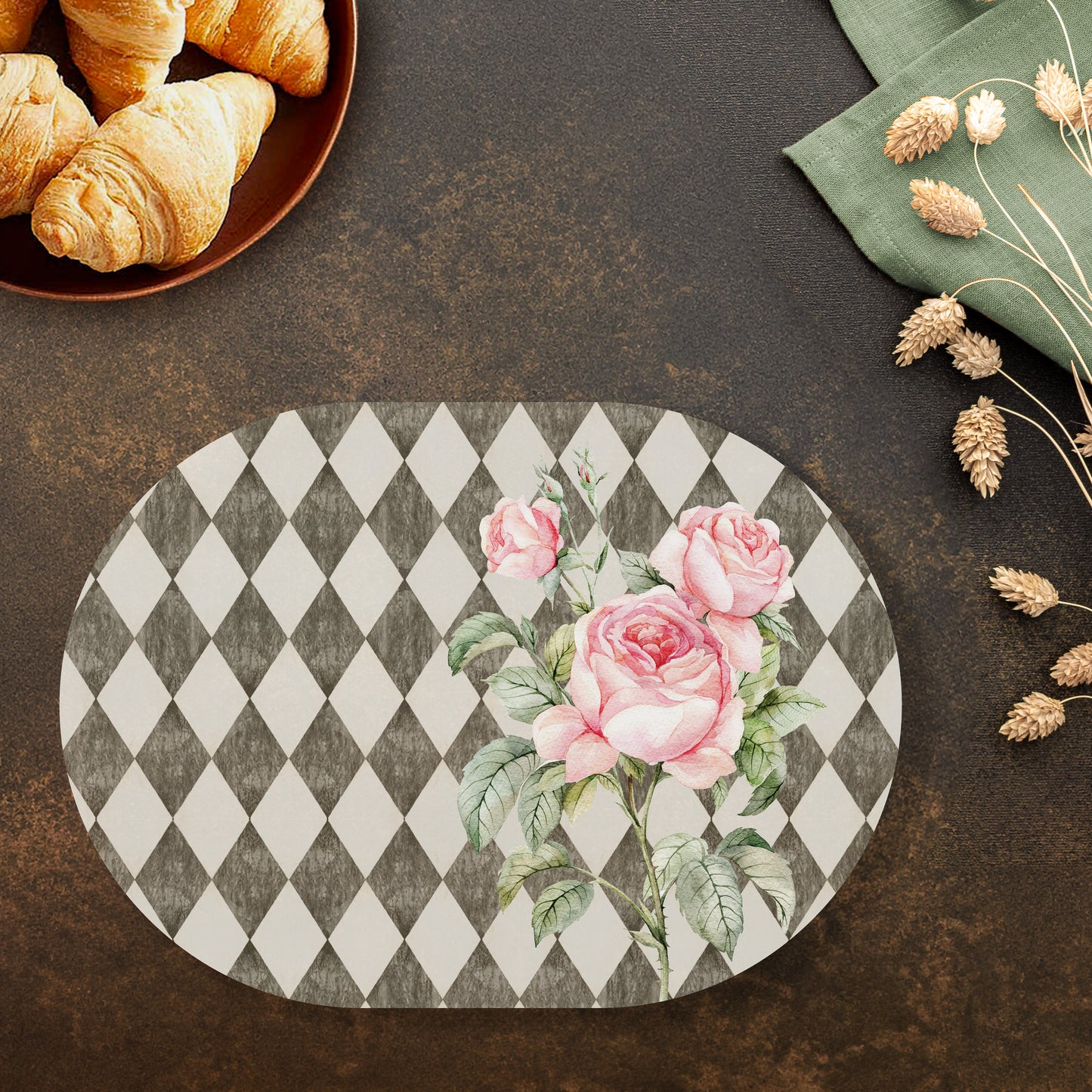 Pink Roses (Ash Grey) Table Mats — table mat set by Shaakh, handcrafted in India