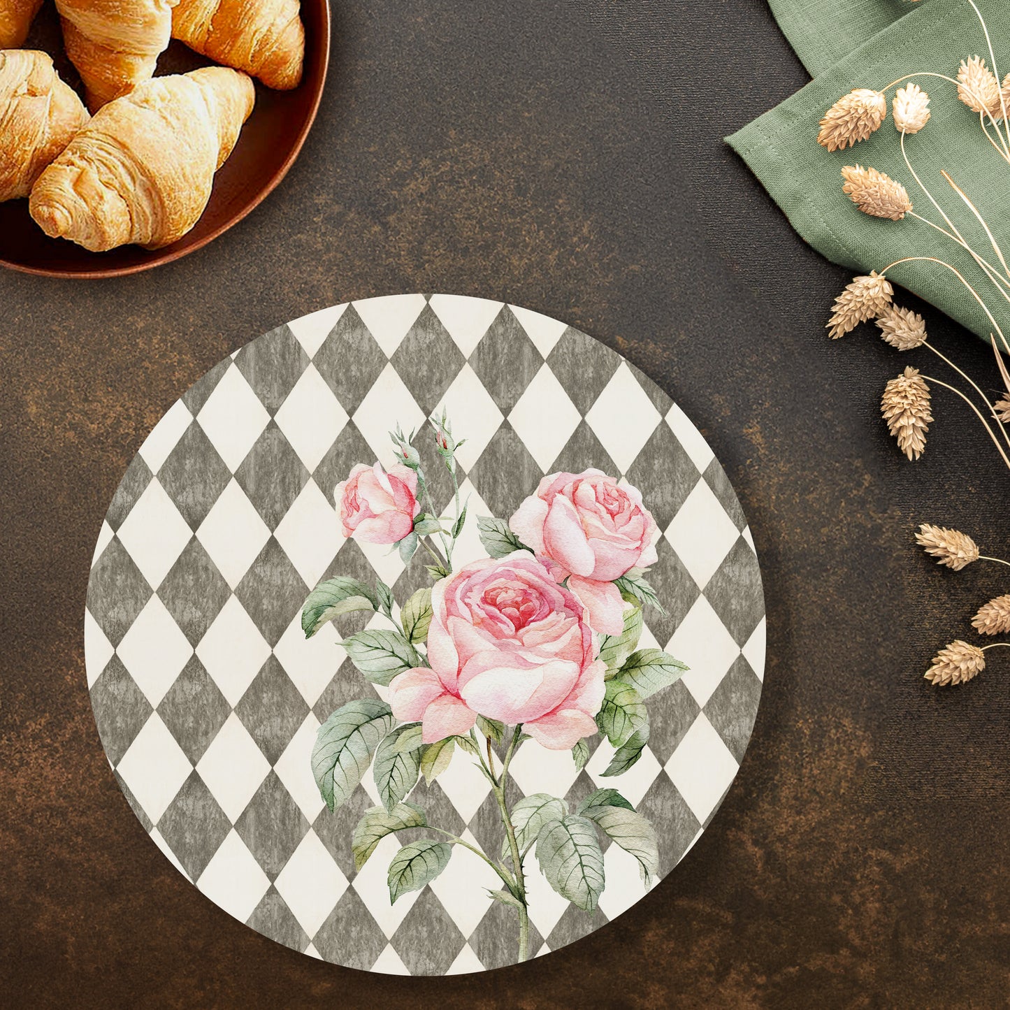 Pink Roses (Ash Grey) Table Mats — table mat set by Shaakh, handcrafted in India