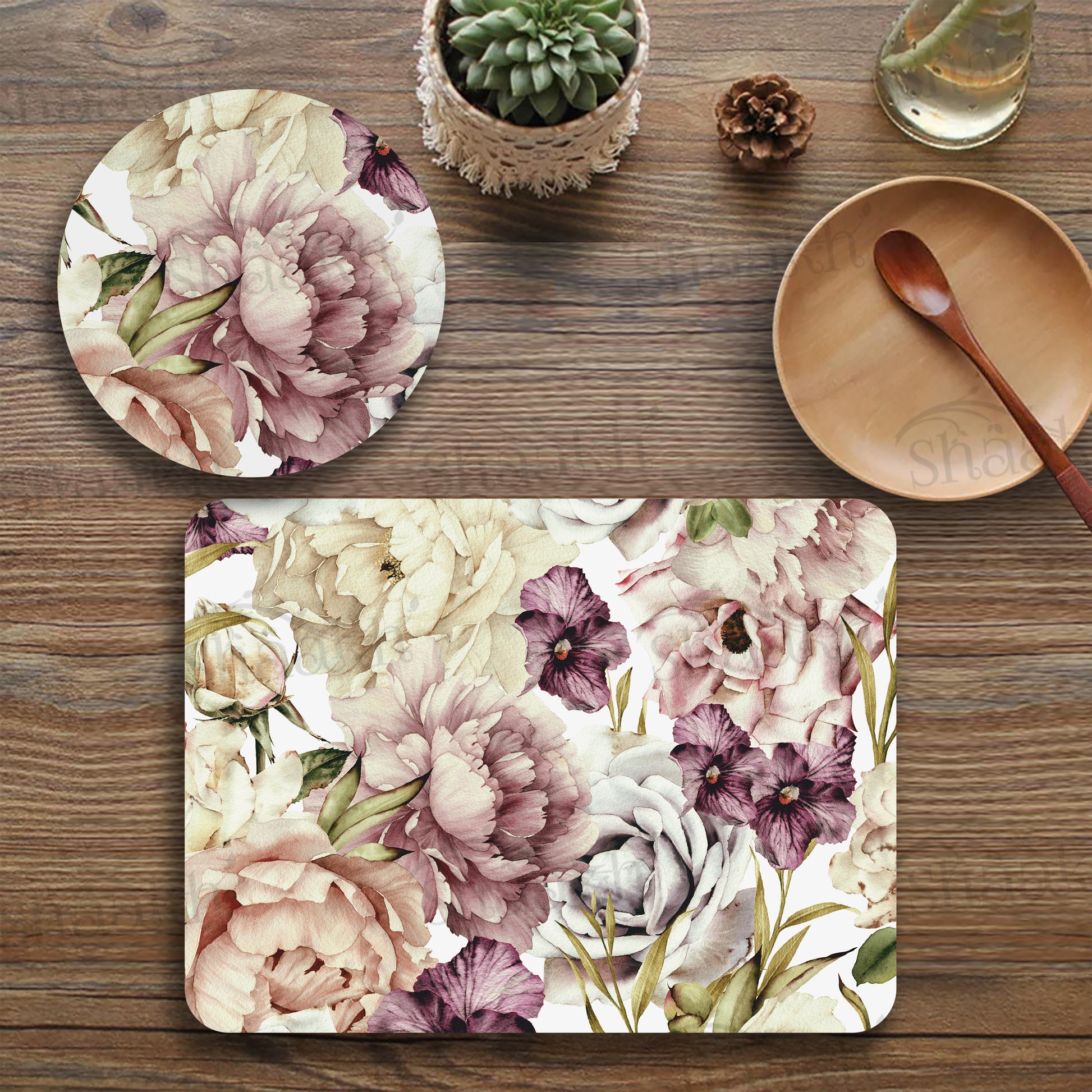 Peach and Wine Floral Coordinated Set — botanical design coordinated dining set by Shaakh, handcrafted in India