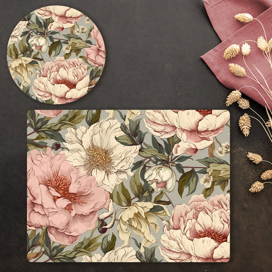 Peonies Elegance Coordinated Set | TWC 094 (8 Mats, 4 Trivets)