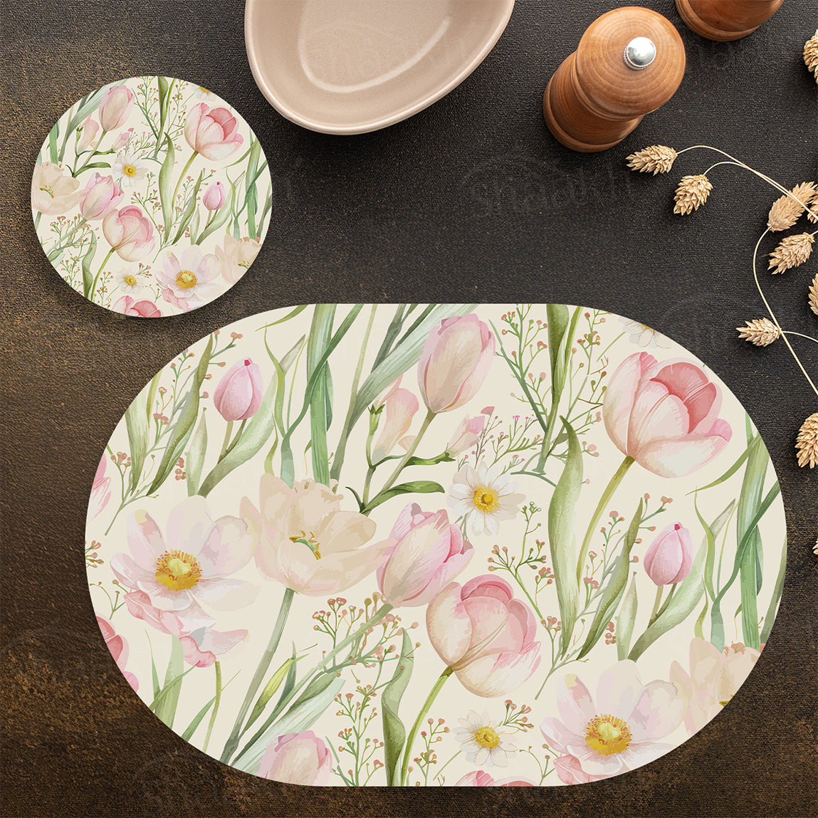 Tulip Reverie Coordinated Set | TWC 113 (8 Mats, 4 Trivets)
