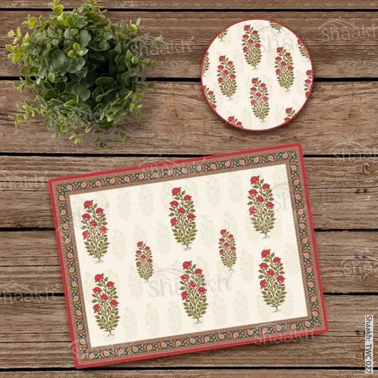 Mughal Motifs with ethnic border Coordinated Mats & Trivets Set | TWC 027 ( 8 Mats, 4 Trivets )