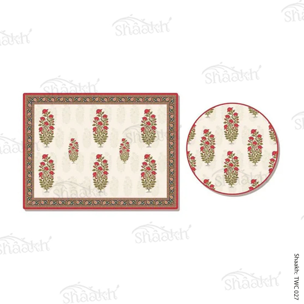 Mughal Motifs with ethnic border Coordinated Mats & Trivets Set | TWC 027 ( 8 Mats, 4 Trivets )