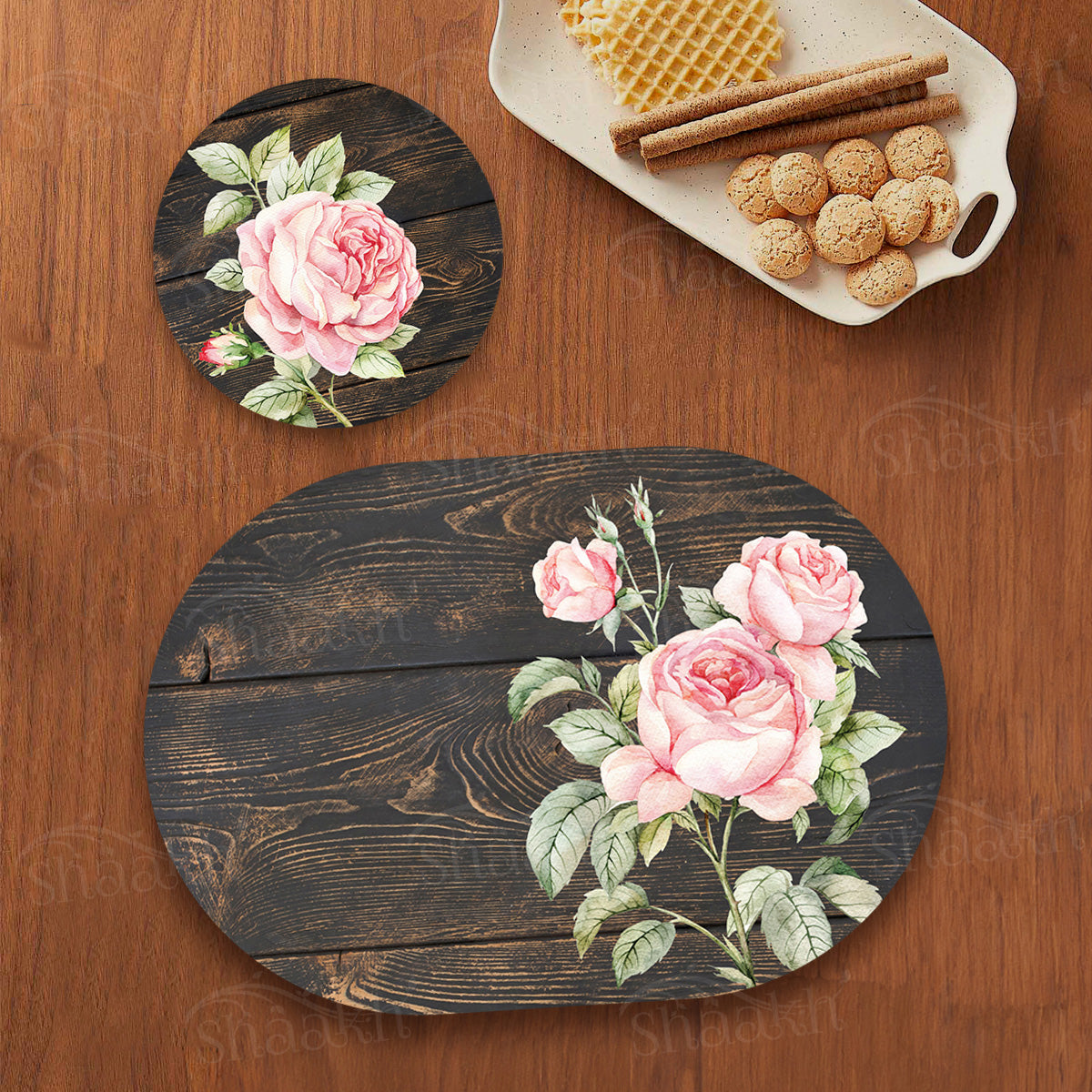 Vintage Roses on Weathered Wood Coordinated Set | TWC 103 (8 Mats, 4 Trivets)