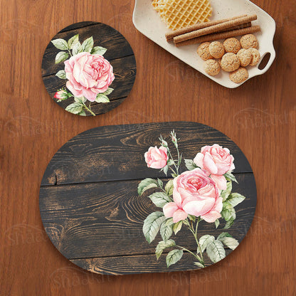 Vintage Roses on Weathered Wood Coordinated Set | TWC 103 (8 Mats, 4 Trivets)