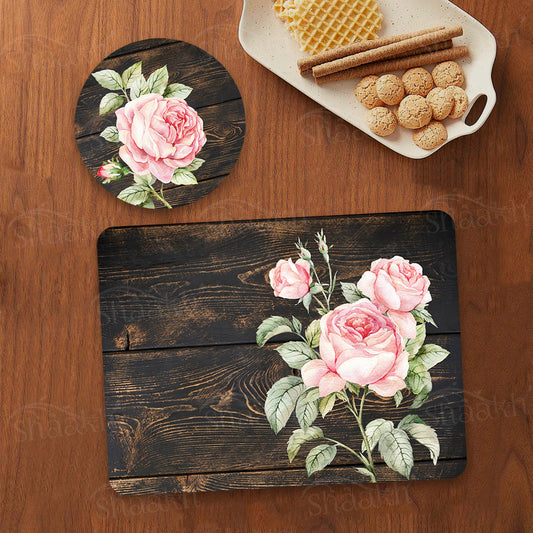 Vintage Roses on Weathered Wood Coordinated Set | TWC 103 (8 Mats, 4 Trivets)