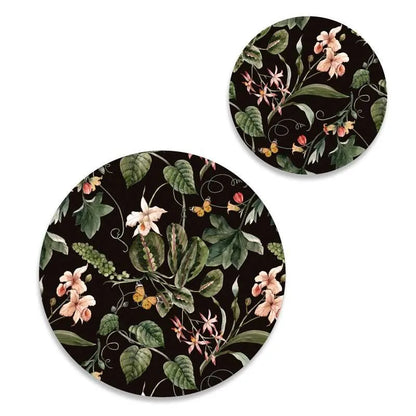 Exotic tropical orchids and green leaves (Black) Coordinated Mats & Trivets Set | TWC 025 ( 8 Mats, 4 Trivets )