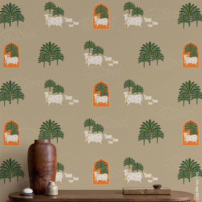 Kamdhenu — krishna design wallpaper by Shaakh, handcrafted in India