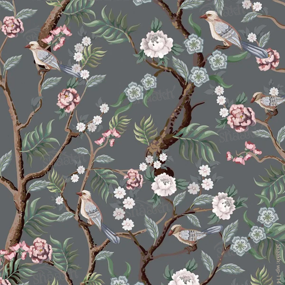 Oriental Birds and Flowers Wallpaper — abstract design wallpaper by Shaakh, handcrafted in India