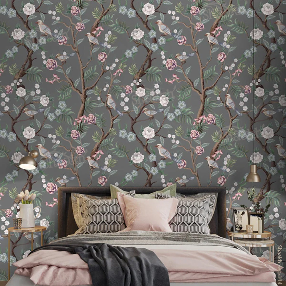 Oriental Birds and Flowers Wallpaper — abstract design wallpaper by Shaakh, handcrafted in India